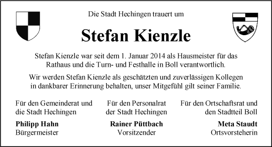 Traueranzeige von Stefan Kienzle von Hohenzollerische Zeitung