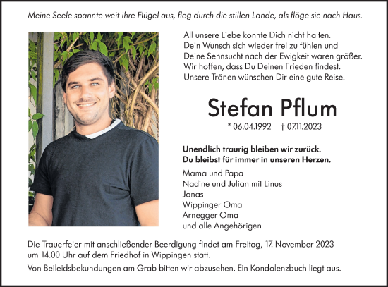 Traueranzeige von Stefan Pflum von SÜDWEST PRESSE Ausgabe Ulm/Neu-Ulm