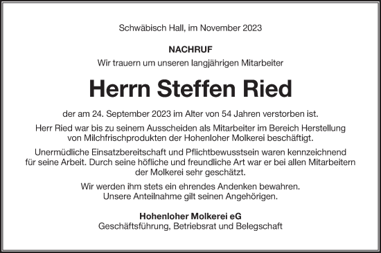 Traueranzeige von Steffen Ried von Haller Tagblatt