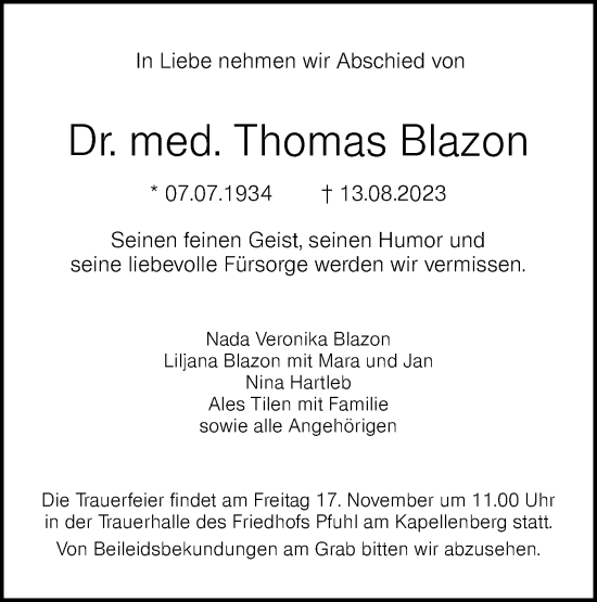 Traueranzeige von Thomas Blazon von SÜDWEST PRESSE Ausgabe Ulm/Neu-Ulm