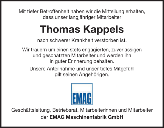 Traueranzeige von Thomas Kappels von NWZ Neue Württembergische Zeitung