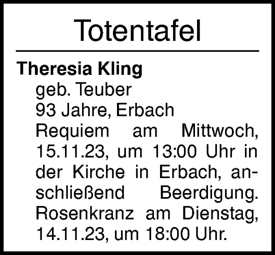 Traueranzeige von Totentafel vom 13.11.2023 von Ehinger Tagblatt