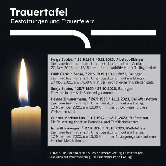 Traueranzeige von Totentafel vom 16.11.2023 von Hohenzollerische Zeitung