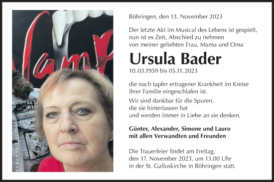 Traueranzeige von Ursula Bader von Alb-Bote/Metzinger-Uracher Volksblatt