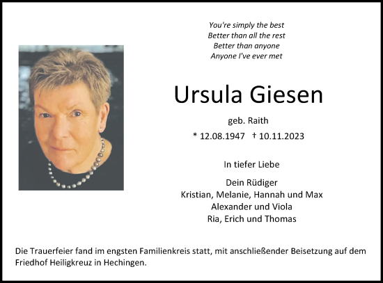 Traueranzeige von Ursula Giesen von Hohenzollerische Zeitung