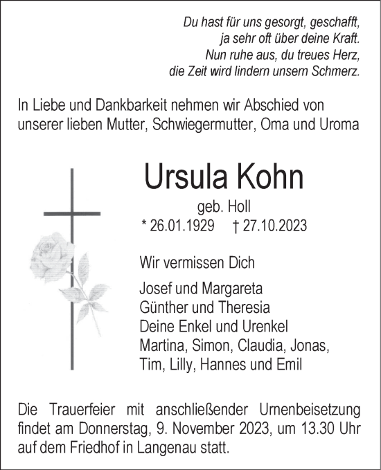 Traueranzeige von Ursula Kohn von SÜDWEST PRESSE Ausgabe Ulm/Neu-Ulm