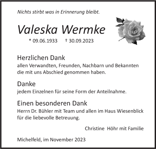 Traueranzeige von Valeska Wermke von Haller Tagblatt