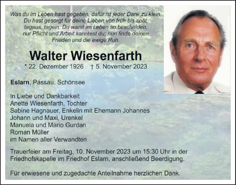  Traueranzeige für Walter Wiesenfarth vom 09.11.2023 aus SÜDWEST PRESSE Ausgabe Ulm/Neu-Ulm