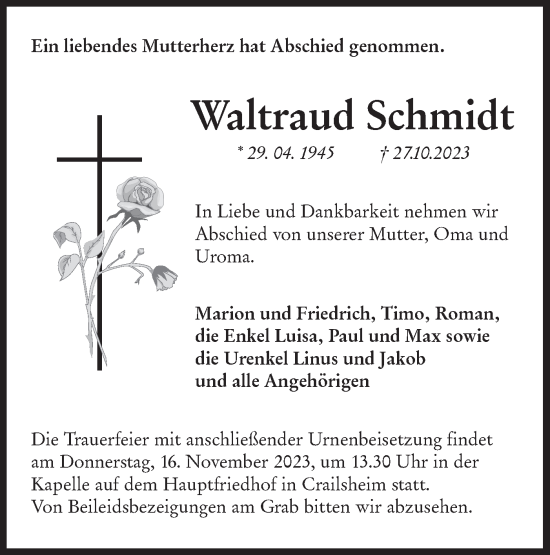 Traueranzeige von Waltraud Schmidt von Hohenloher Tagblatt