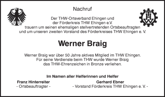 Traueranzeige von Werner Braig von Ehinger Tagblatt