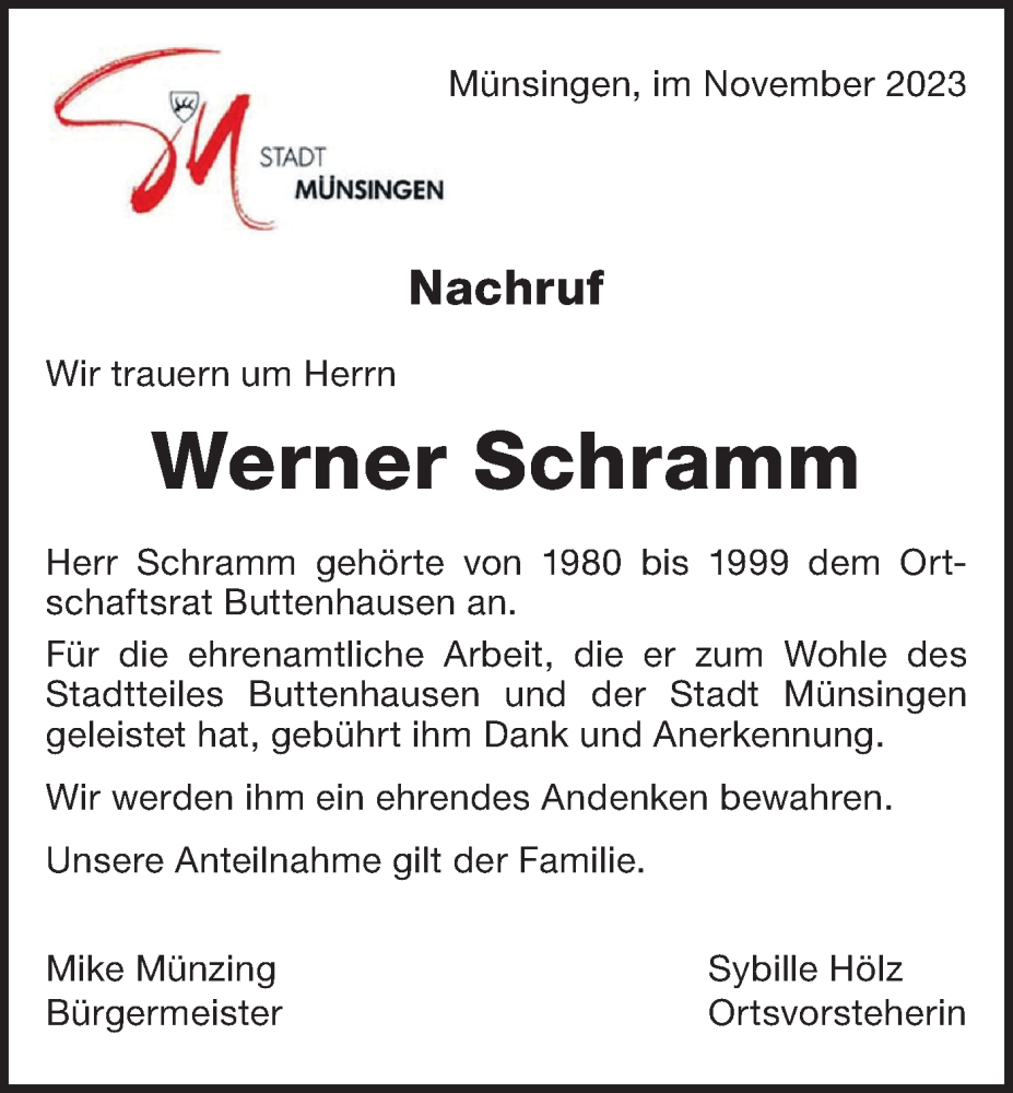  Traueranzeige für Werner Schramm vom 10.11.2023 aus Alb-Bote/Metzinger-Uracher Volksblatt