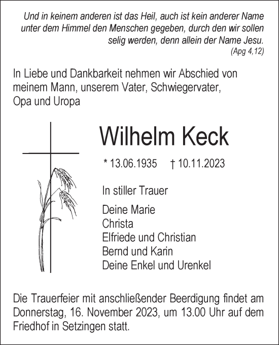 Traueranzeige von Wilhelm Keck von SÜDWEST PRESSE Ausgabe Ulm/Neu-Ulm