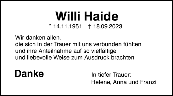 Traueranzeige von Willi Haide von SÜDWEST PRESSE Ausgabe Ulm/Neu-Ulm