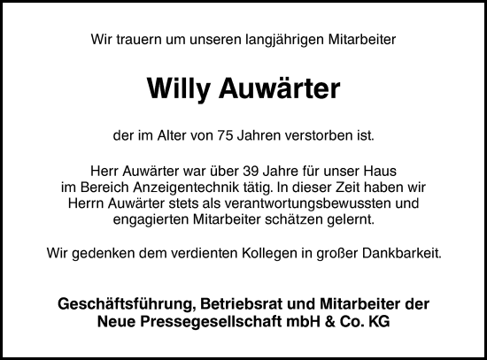 Traueranzeige von Willy Auwärter von NWZ Neue Württembergische Zeitung