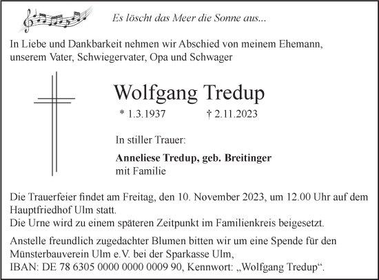 Traueranzeige von Wolfgang Tredup von SÜDWEST PRESSE Ausgabe Ulm/Neu-Ulm