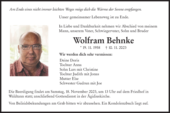 Traueranzeige von Wolfram Behnke von Hohenloher Tagblatt