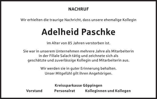 Traueranzeige von Adelheid Paschke von NWZ Neue Württembergische Zeitung/Geislinger Zeitung