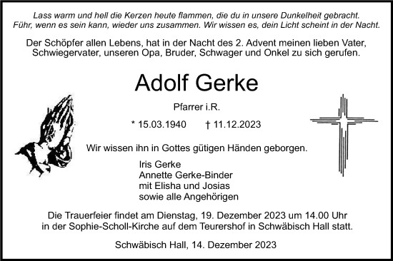 Traueranzeige von Adolf Gerke von Haller Tagblatt