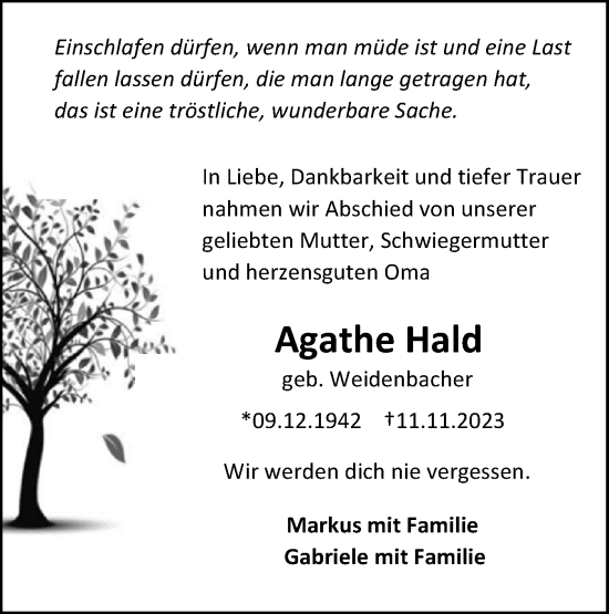 Traueranzeige von Agathe Hald von Hohenloher Tagblatt