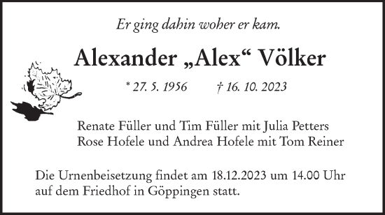 Traueranzeige von Alexander Völker von NWZ Neue Württembergische Zeitung