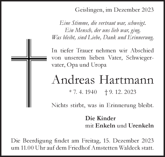 Traueranzeige von Andreas Hartmann von Geislinger Zeitung