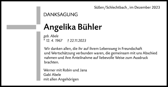 Traueranzeige von Angelika Bühler von Rundschau Gaildorf