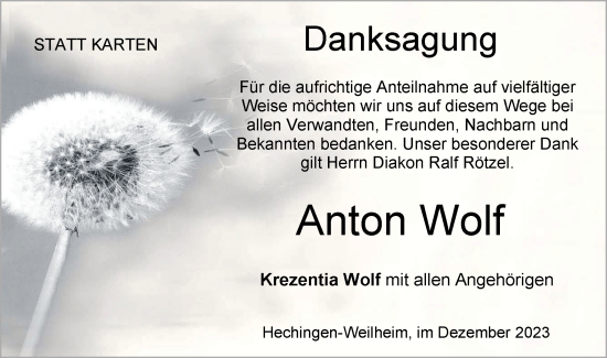 Traueranzeige von Anton Wolf von Hohenzollerische Zeitung