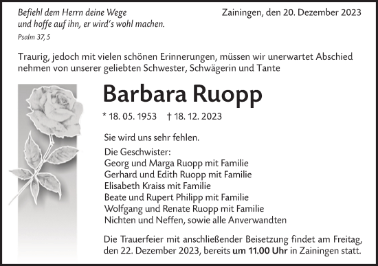 Traueranzeige von Barbara Ruopp von Alb-Bote/Metzinger-Uracher Volksblatt