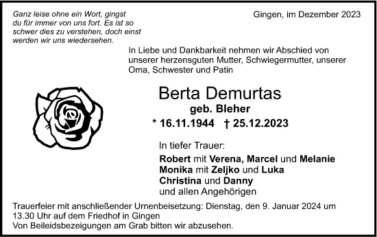 Traueranzeige von Berta Demurtas von NWZ Neue Württembergische Zeitung/Geislinger Zeitung