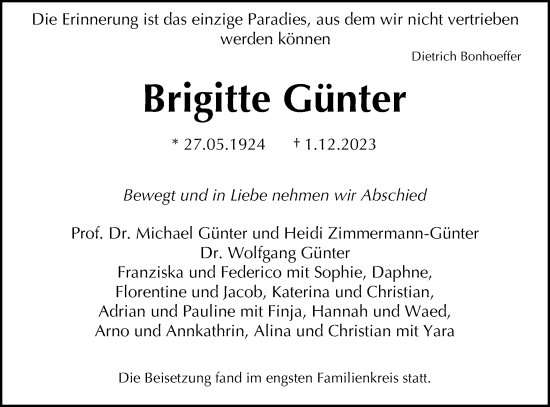 Traueranzeige von Brigitte Günter von Hohenzollerische Zeitung