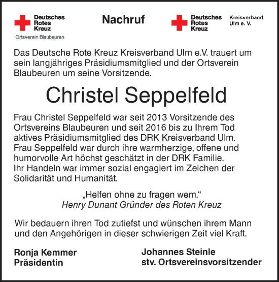 Traueranzeige von Christel Seppelfeld von SÜDWEST PRESSE Ausgabe Ulm/Neu-Ulm