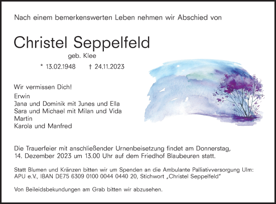 Traueranzeige von Christel Seppelfeld von Das Blaumännle