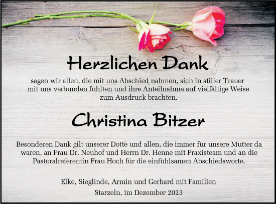 Traueranzeige von Christina Bitzer von Hohenzollerische Zeitung