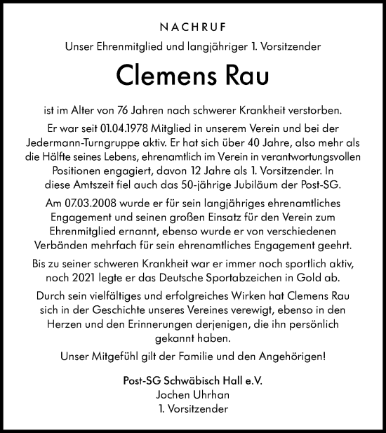 Traueranzeige von Clemens Rau von Haller Tagblatt