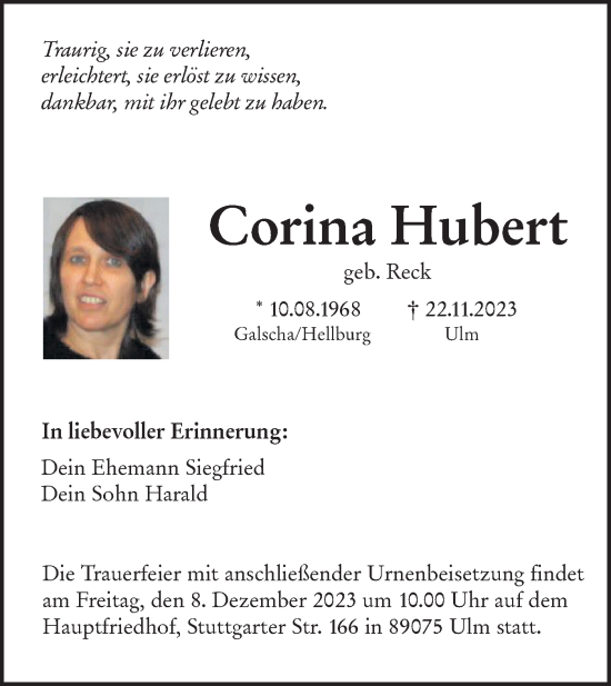 Traueranzeige von Corina Hubert von SÜDWEST PRESSE Ausgabe Ulm/Neu-Ulm