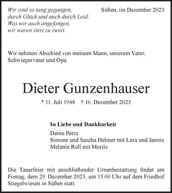 Traueranzeige von Dieter Gunzenhauser von NWZ Neue Württembergische Zeitung