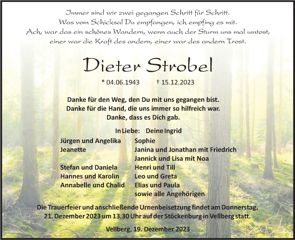  Traueranzeige für Dieter Strobel vom 19.12.2023 aus Haller Tagblatt