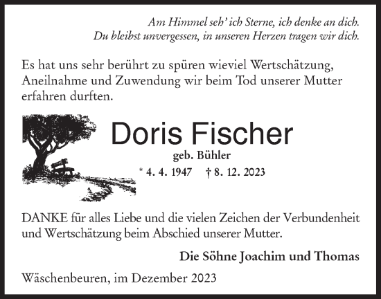 Traueranzeige von Doris Fischer von NWZ Neue Württembergische Zeitung