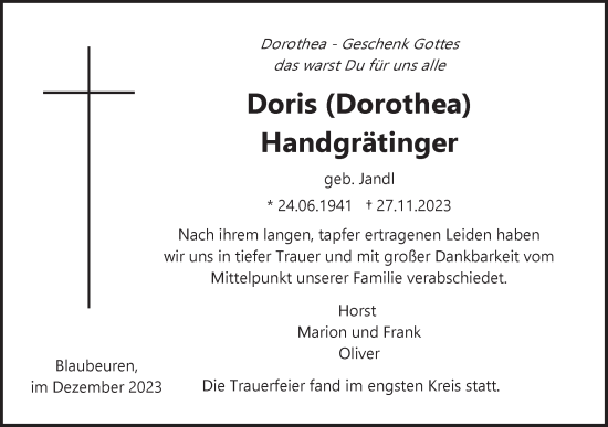 Traueranzeige von Doris Handgrätinger von Das Blaumännle