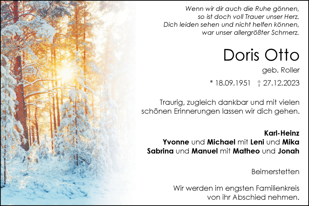  Traueranzeige für Doris Otto vom 30.12.2023 aus SÜDWEST PRESSE Ausgabe Ulm/Neu-Ulm