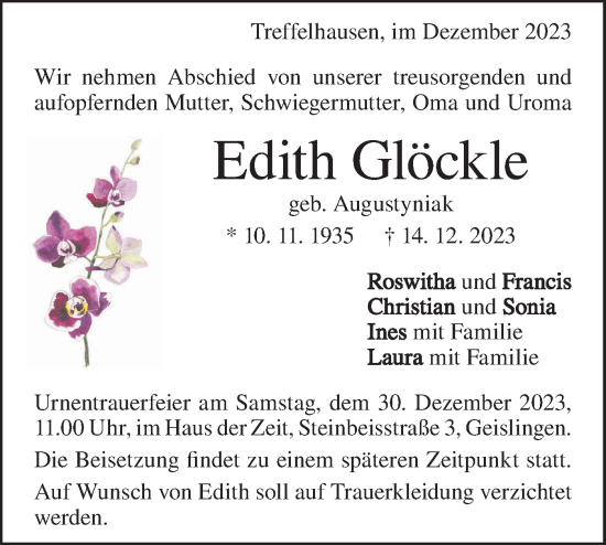 Traueranzeige von Edith Glöckle von Geislinger Zeitung