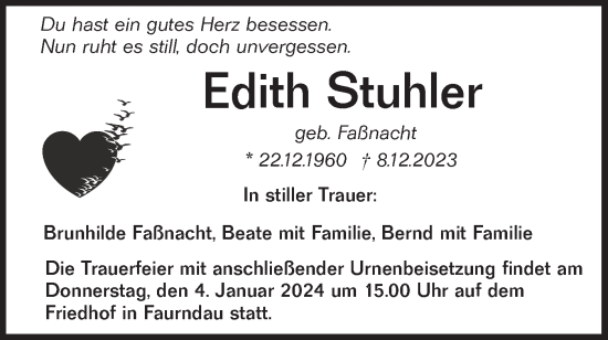 Traueranzeige von Edith Stuhler von NWZ Neue Württembergische Zeitung