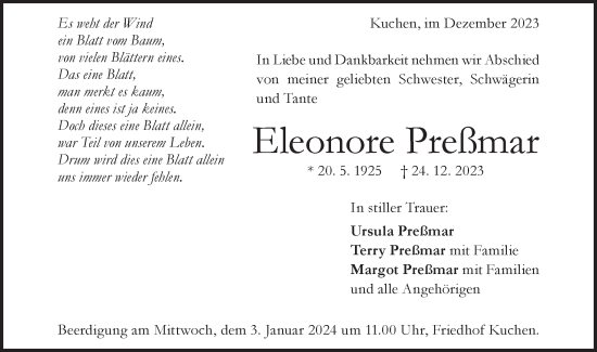 Traueranzeige von Eleonore Preßmar von Geislinger Zeitung