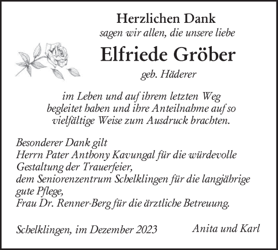 Traueranzeige von Elfriede Gröber von Ehinger Tagblatt