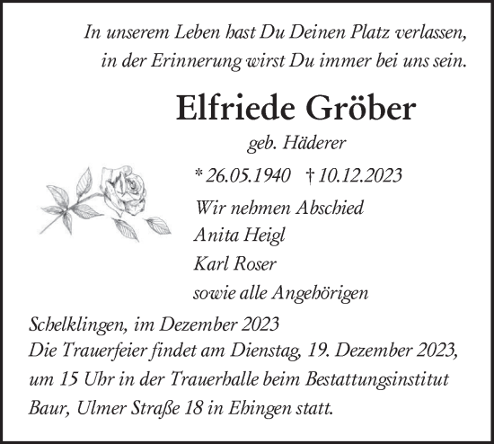 Traueranzeige von Elfriede Gröber von Ehinger Tagblatt