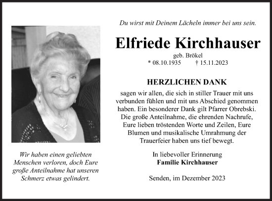 Traueranzeige von Elfriede Kirchhauser von SÜDWEST PRESSE Ausgabe Ulm/Neu-Ulm