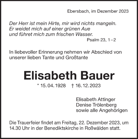 Traueranzeige von Elisabeth Bauer von NWZ Neue Württembergische Zeitung