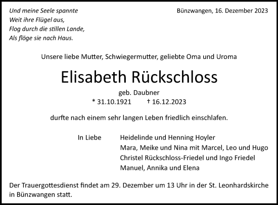 Traueranzeige von Elisabeth Rückschloss von NWZ Neue Württembergische Zeitung