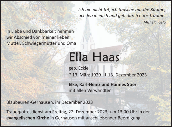 Traueranzeige von Ella Haas von SÜDWEST PRESSE Ausgabe Ulm/Neu-Ulm