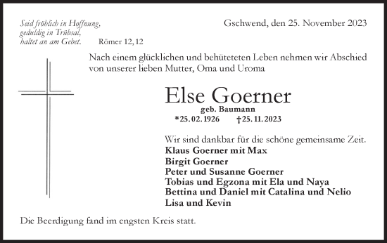 Traueranzeige von Else Goerner von Rundschau Gaildorf